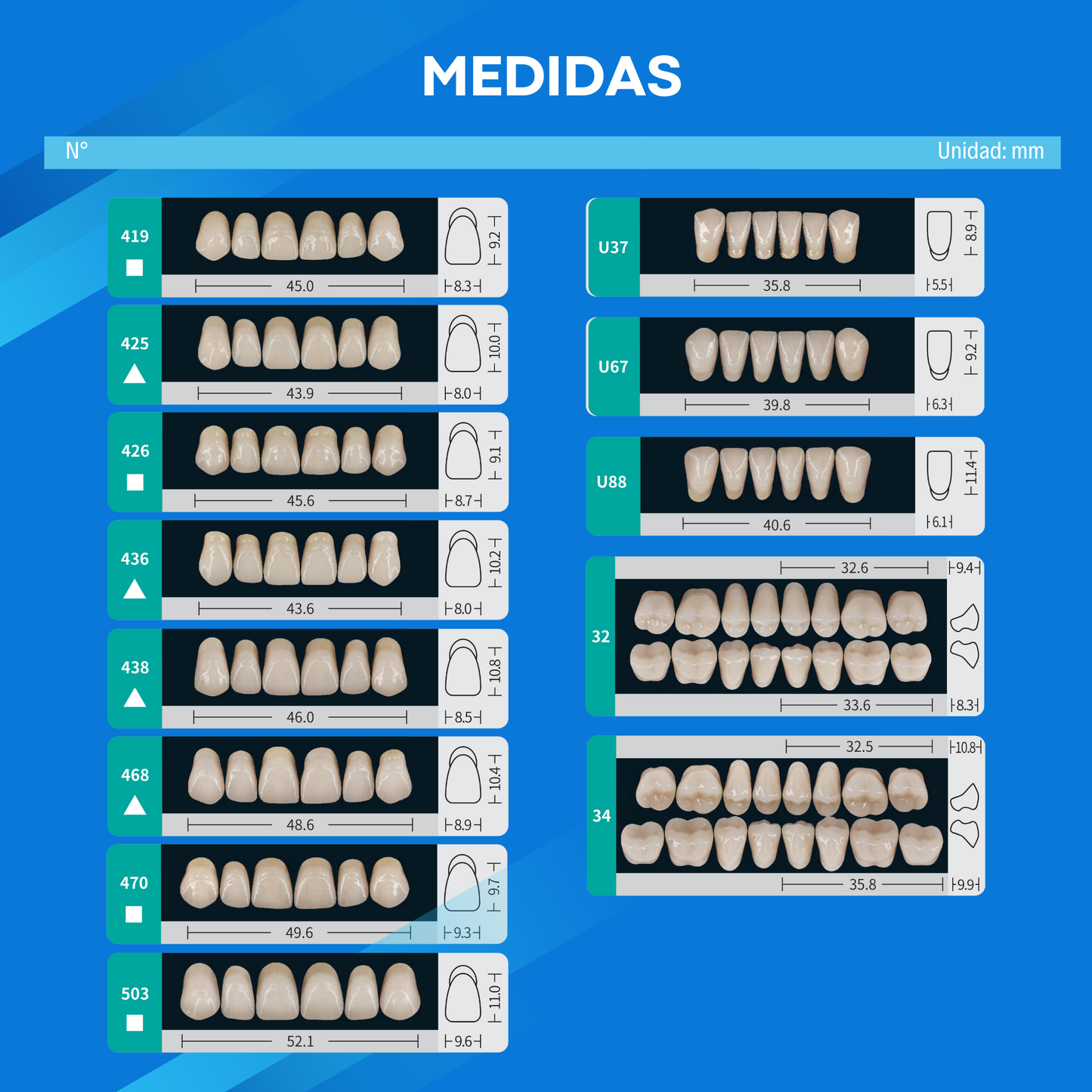(A3/419) Tablilla de Dientes Sintéticos A3 Anterior Superior N°419 X UNIDAD